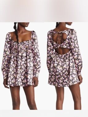 For Love & Lemons Pink Floral Square-Neck Mini Dress
